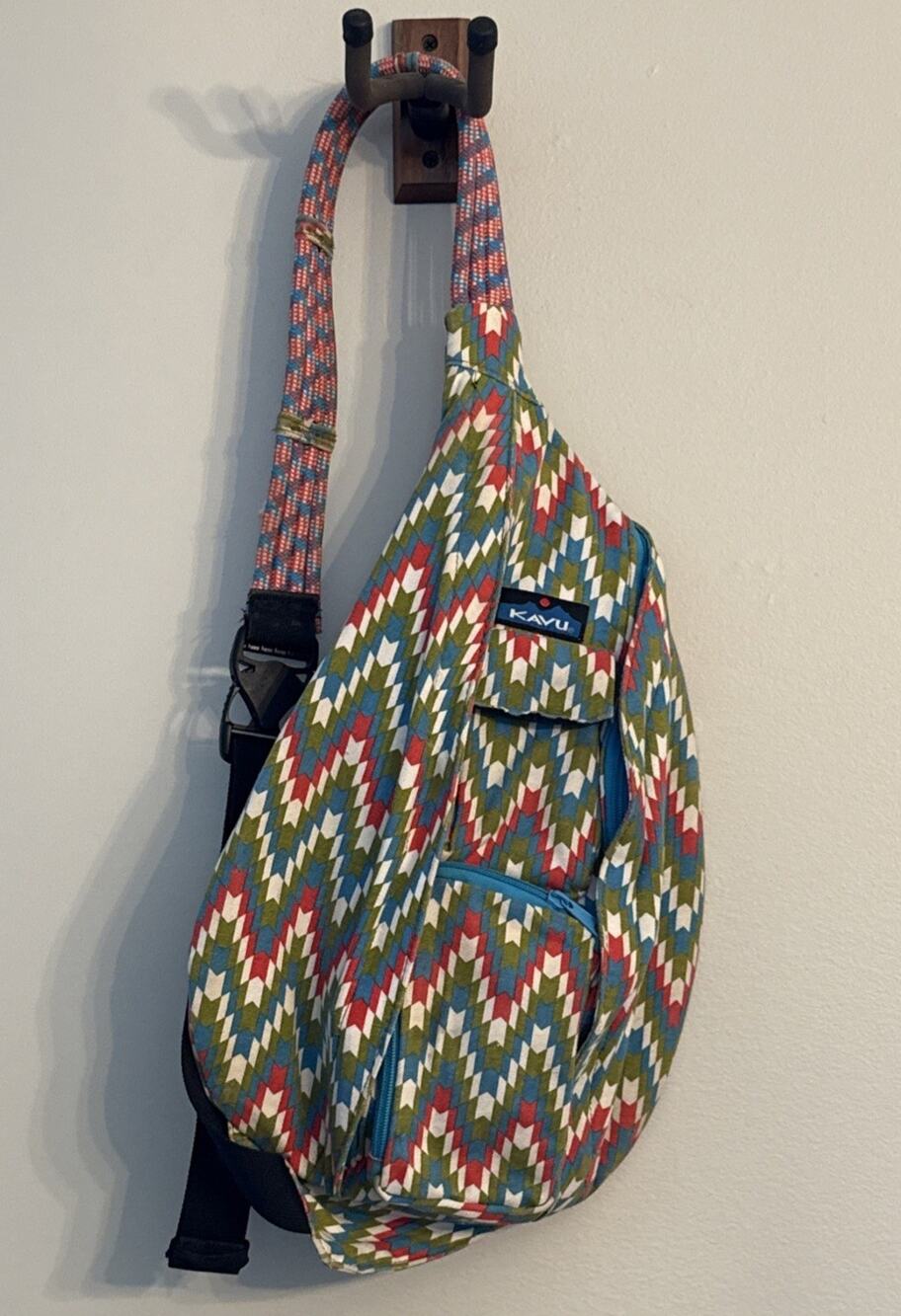 KAVU Rope Bag Aqua Olive Tile Sling Crossbody Backpack 100% Cotton Canvas